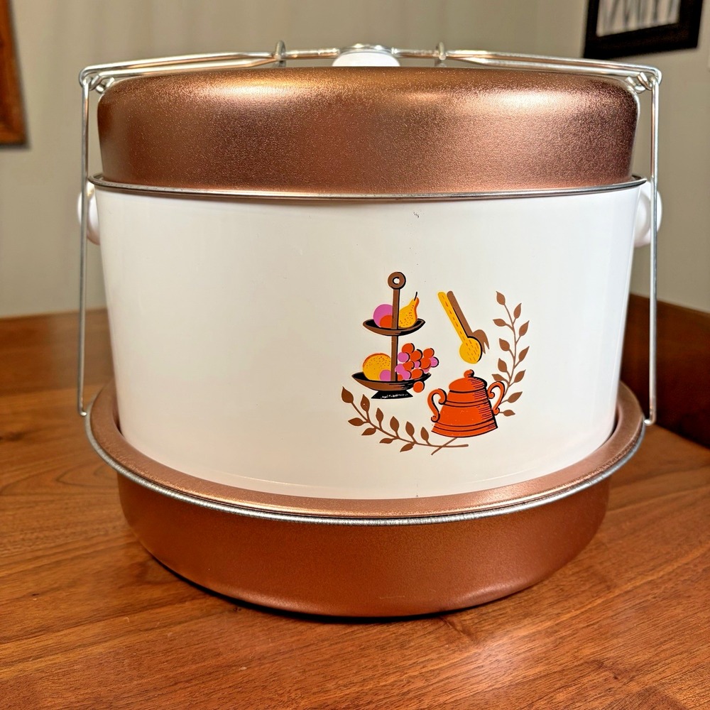 Vintage Triple Decker Food Cake Carrier 1960s 70s Mid Century Copper White